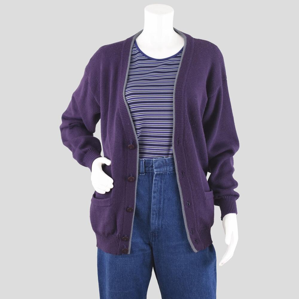 Vintage Purple Knit Cardigan with Pockets Men's Small